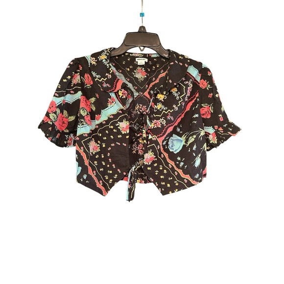 Kimichi‎  Blue Saturday Cropped Tie Front Top Fairy core Y2K Small Linen Blend - Picture 3 of 7